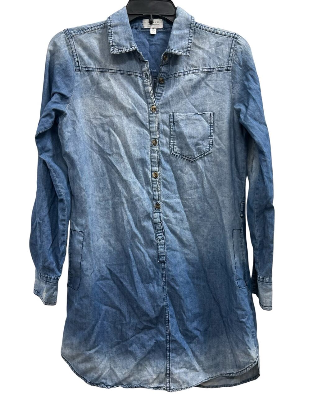 Noble U blue ombre chambray blue denim 3/4 button shirt dress tan sleeves sz M